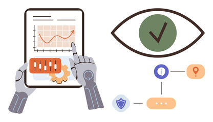 Robot hand interacting with tablet displaying rising graph, cog, and sliders. Adjacent icons include eye checkmark, shield, and flowchart. Ideal for AI, automation, innovation data analysis