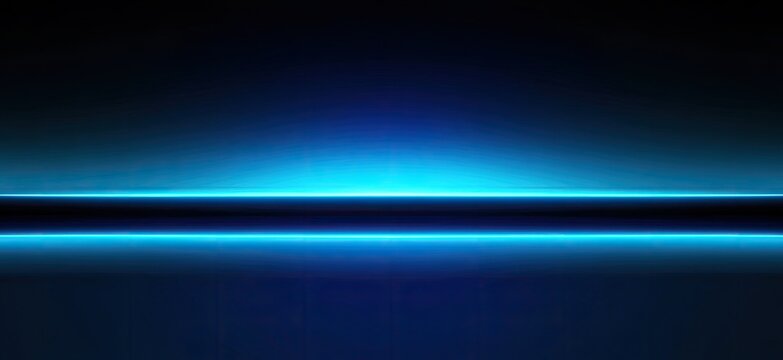 A dark blue abstract image featuring a vibrant, horizontal, neon-blue line bisecting the composition, with subtle reflections below creating a sense of depth and mirroring