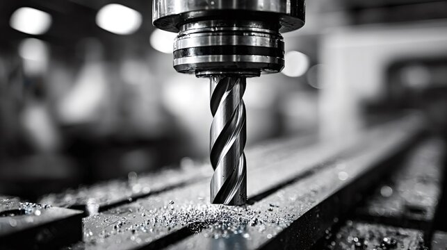 Industrial drill press making precise hole in metal part during manufacturing process in factory, showcasing precision engineering and machining