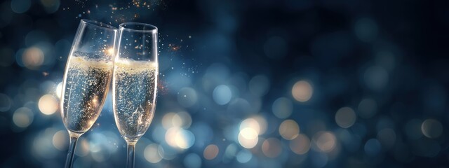 a festive banner featuring champagne glasses clinking against an abstract background of sparkling lights, creating a magical atmosphere for new year's eve celebration Generative AI