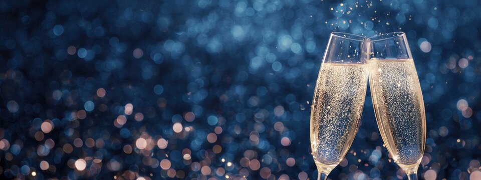 a festive banner featuring champagne glasses clinking against an abstract background of sparkling lights, creating a magical atmosphere for celebration and a new year's eve greeting card Generative AI