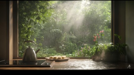 Cozy kitchen scene with sunlit garden view through rain-dappled window