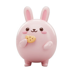 A cute, round pink rabbit character, playfully holding a golden cookie, stands out against a black background.
