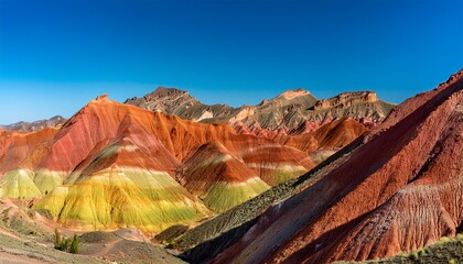 the rainbow mountains of zhangye danxia with their surreal layers of red orange and yellow rock formations under a clear blue sky