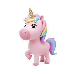 Naklejka premium A cheerful, cartoonish unicorn in vibrant pastel colors, with a playful expression, is presented against a plain black background.
