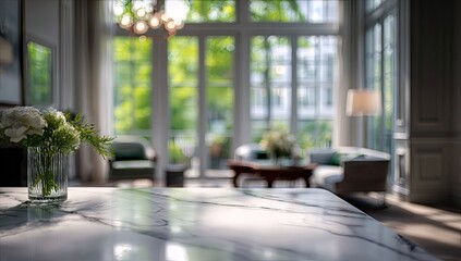 Light-filled living room interior, featuring a marble countertop and a vase of white flowers, showcasing a serene and bright ambiance.