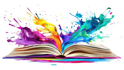 An open book with vibrant, multicolored paint splatters erupting from its pages, suggesting creativity, imagination, and the power of storytelling.  The paint creates a d