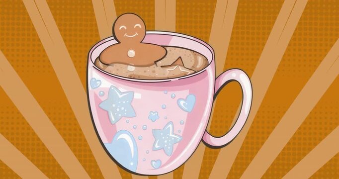 On load looping cartoon showing smiling gingerbread inside pink star pattern mug for festive feel