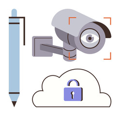 Pen, surveillance camera with focus overlay, and locked cloud icon emphasizing security and privacy. Ideal for data protection, privacy, monitoring, surveillance, cloud computing, cybersecurity