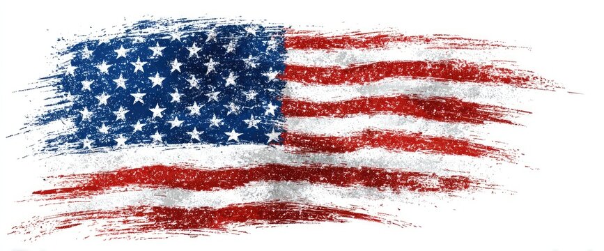 An illustration of a distressed American flag rendered with a textured, brush-stroke effect, creating a sense of movement and age - Powered by Adobe