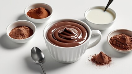 A composition of melted chocolate, cocoa powder, and milk, arranged in small white bowls and a large white bowl, presents ingredients for a decadent chocolate beverage.