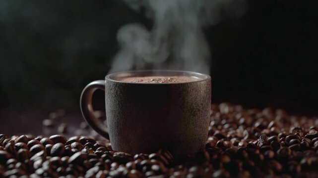 Steaming beverage in dark mug, surrounded by dark roasted coffee beans on a black backdrop
