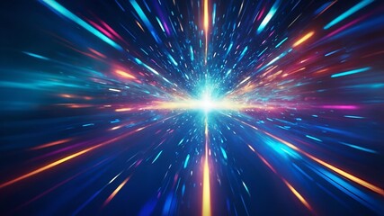 Naklejka premium Abstract neon tunnel of lights and colors moving at hyperspace speed, with radiant beams and glowing effects for a dynamic sci-fi background.
