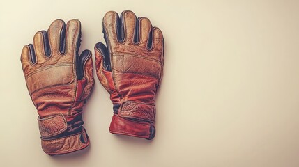 Two well-loved leather gloves rest on a neutral background, showcasing their vintage appeal.