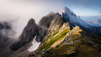 jagged mountain ridge shrouded in mist
