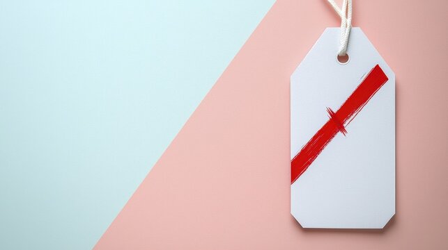 A white tag with a bold red cross offers a stylish contrast against a pastel background.
