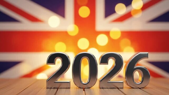 2026 A forward-looking perspective with the UK flag in the background. Representing the future and upcoming events. Metallic numbers on wooden surface symbolizing future possibilities, and events