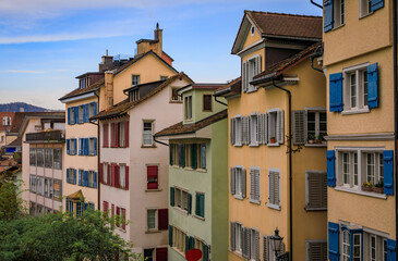 Fototapeta premium Historic old town street with traditional architecture in Zurich, Switzerland