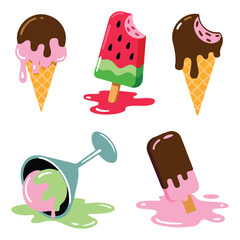 Dropped ice cream floor waffle cone stick glass isolated vector illustration on white background