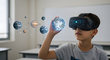 Young boy exploring solar system with VR headset in classroom for education