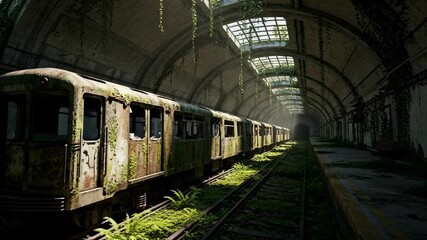 Overgrown abandoned subway station with a derelict train on the tracks, showcasing nature reclaiming urban infrastructure. Apocalyptic future footage. - Powered by Adobe