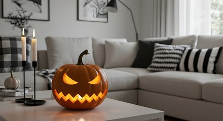 Minimalist living room with a single carved pumpkin decoration and candlelight, modern and clean Halloween interior design.