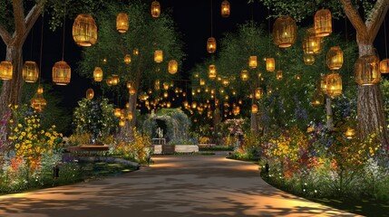 Illuminated garden pathway lined with hanging lanterns.