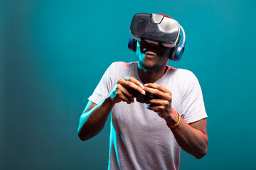 Gamer with VR glasses and controller, fully engaged in futuristic video game with online play....
