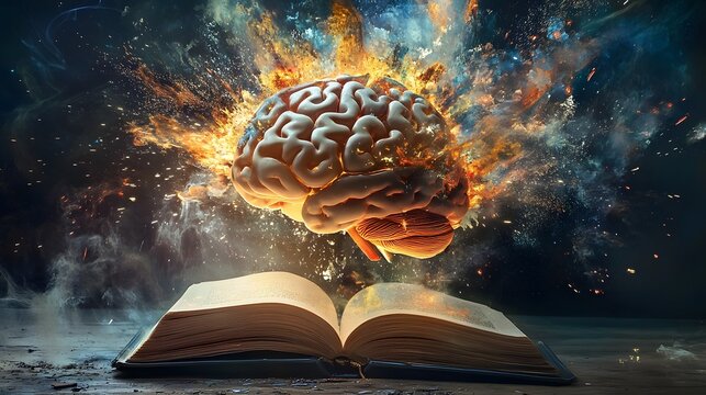 Concept art of a human brain exploding with knowledge on a book