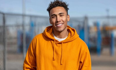 Fototapeta premium Smiling young african male in orange hoodie outdoors