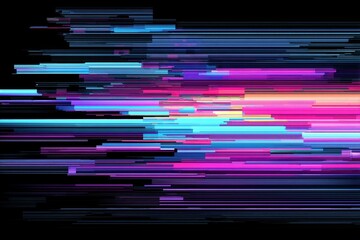 Vibrant digital glitch art with horizontal neon stripes and pixelated texture