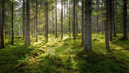 Obraz premium enchanting scandinavian forest scene with towering evergreens and lush green moss carpeting the forest floor soft diffused light creates a mystical atmosphere