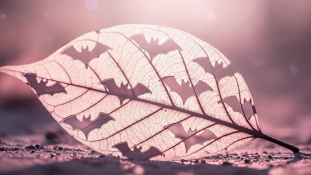 Leaf Silhouette: A unique artistic leaf, featuring carefully etched bat silhouettes, showcases the beauty of nature and artistic creativity. The leaf is bathed in soft light, giving it a delicate.