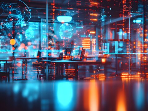 Modern neon cyberpunk open space office interior blurred with information technology overlay