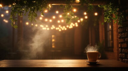 Cozy evening ambiance with steaming coffee on rustic table under warm string lights