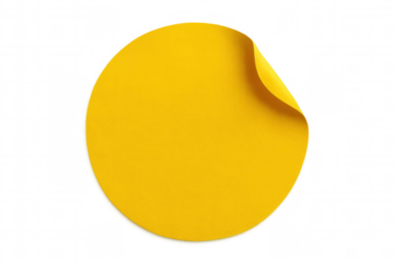 Yellow adhesive label with lifted edge, providing blank space for personalization, set against transparent backdrop