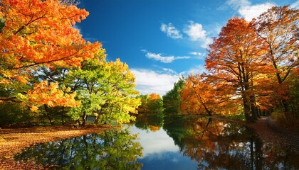 Fototapeta premium colorful autumn trees with vibrant orange and green foliage against a bright blue sky