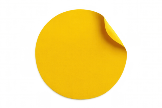 Yellow adhesive label with lifted edge, providing blank space for personalization, set against transparent backdrop
