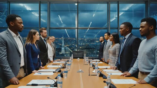 Two diverse corporate teams in a tense standoff across a conference room table overlooking a city at night