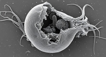 High-resolution digital micrograph revealing the damaged cell of Trichomonas vaginalis, a protozoan parasite responsible for sexually transmitted infections