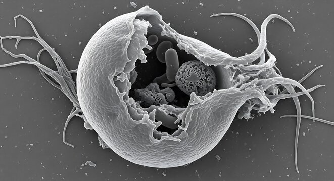 High-resolution digital micrograph revealing the damaged cell of Trichomonas vaginalis, a protozoan parasite responsible for sexually transmitted infections