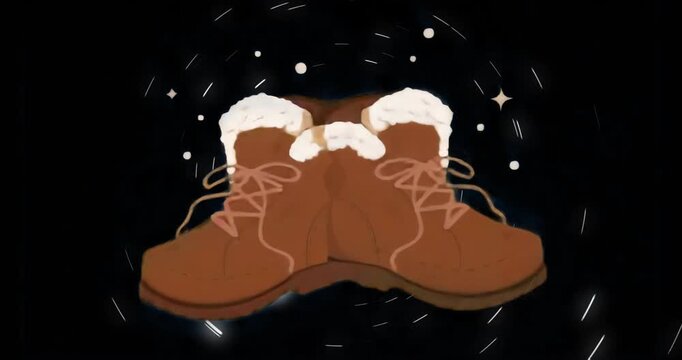 dotted circular lines drawing around brown winter boots while sparkles orbiting for cosmic effect