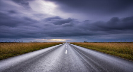 Naklejka premium An empty highway stretches to the horizon through a vast, grassy field under a breathtakingly dramatic sky. The dark, textured storm clouds part to reveal a soft, hopeful light in the distance