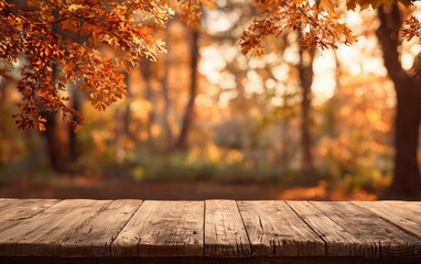 autumn background with a wooden table and autumn leaves in a forest at sunset autumnal scene Generative AI