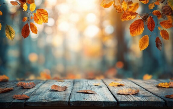 autumn background with a wooden table and autumn leaves in a forest at sunset autumn nature banner for product display or to design your own products Generative AI
