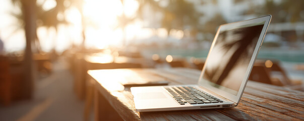 A sleek laptop rests on a wooden table by the beach at sunset. Warm light and palm bokeh evoke remote work freedom and tropical productivity.