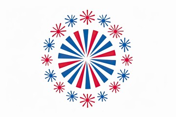 A stylized firework burst in red, white, and blue, radiating outwards from a central point, encircled by smaller star-like shapes.  The design evokes a celebratory, patriotic feeling