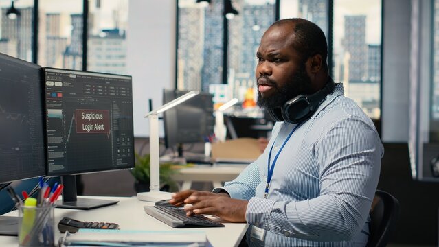 Prop firm day trader panicked by suspicious login attempt warning on trading software interface. Brokerage company worker seeing security alert notification of unauthorized login activity