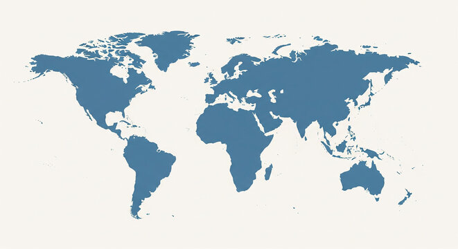 A clean, minimalist vector map of the world with all continents and countries colored in a subtle, dusty blue tone. This blank, stylized map is perfect for presentations, educational content