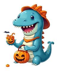 Funny Baby Leviathan with Pumpkin Candy Bucket, Halloween Cartoon Style, Isolated on Transparent Background